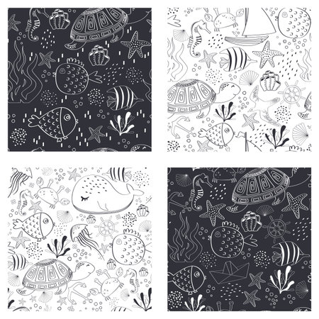 Set of Marine baby seamless pattern with cute marine lifeのイラスト素材