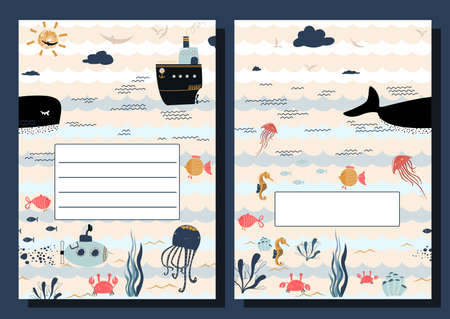 For children s exercise book or notepad template with sea lifeのイラスト素材