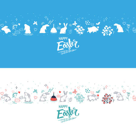 Set of hand drawn Easter horizontal seamless pattern with bunnies, flowers, easter eggs.のイラスト素材