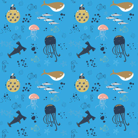 Underwater seamless pattern. Seaworld background with cute marine life.のイラスト素材