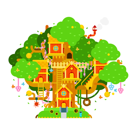 Children treehouse colorful vector illustration with houses,のイラスト素材