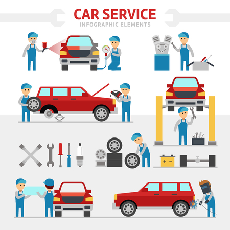 Car repair service flat vector illustration. Infographic elements. People repairing cars and make tuning. Changing a wheel, painting, glass replacementのイラスト素材