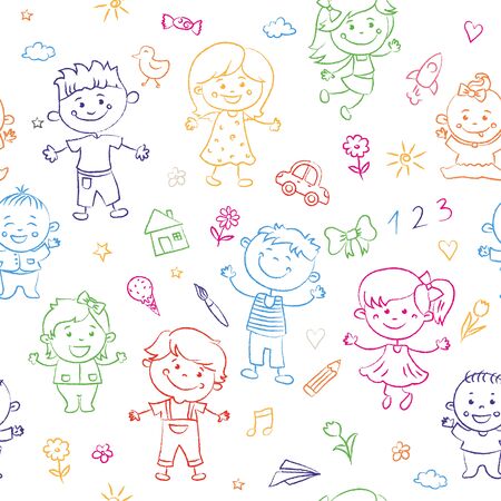 Cheerful children seamless pattern painted by colorful pencils with kids elements, drawings, paintings. Girls and boys are on the white background in the linear design. Vector illustrationの写真素材