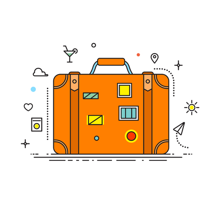 Suitcase with stickers liner design vector illustration flat design with lines icons.のイラスト素材