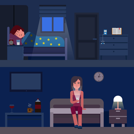 Sleep time infographics vector flat illustration. Infographic How to get better sleep. Insomnia and good sleep flat bannersのイラスト素材