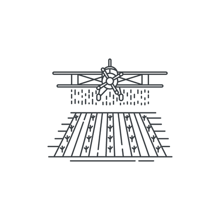 Farm crop duster above the field line icon. Outline illustration of plane vector linear design isolated on white background. Farm logo template, element for agriculture business, line icon object.のイラスト素材
