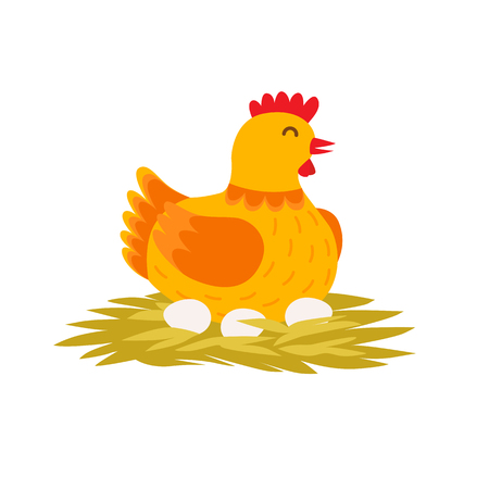 Orange cute hen is laying eggs on the nest. Cartoon hen vector flat illustration isolated on white backgroundのイラスト素材