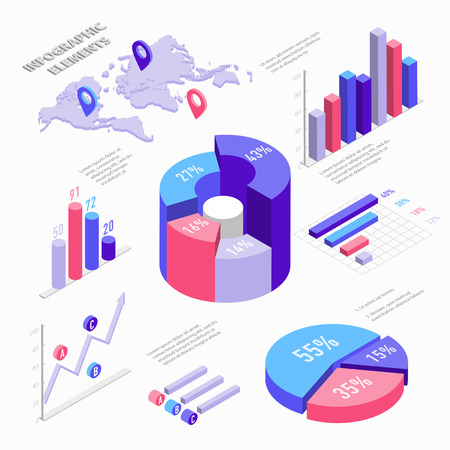 Isometric infographic elements with charts, diagram, pie chart, world map with pins and graphs with percent. Set of Isometric bar charts vector flat illustration isolated on white background.のイラスト素材