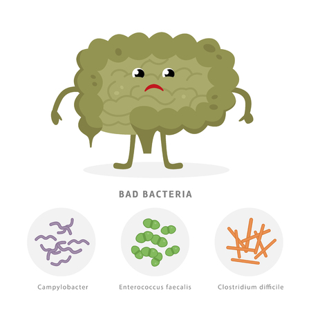 Bad bacteria concept illustration, sick intestine cartoon character isolated on white background. Gut dysbiosis with Campylobacter, Enterococcus faecalis, Clostridium difficile medical illustrationの写真素材