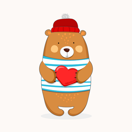 Friendly Bear boy with balloon cartoon hand drawn vector illustration for baby t-shirt print, fashion print design, kids wear, clothes, baby celebration greeting and invitation card.のイラスト素材