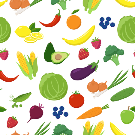 Various fruits and vegetables seamless pattern isolated on white background. Vegetarian fresh food in flat design vector illustration.の写真素材