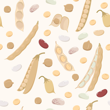 Legumes seamless pattern in flat design. Beans, chickpeas, peas, soybeans and pods isolated on light background, bean plant fruits textureのイラスト素材