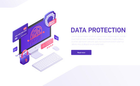 Data protection 3d isometric template of e-commerce site, home page vector design. Data safety isometric icons, shield, password, lock, credit card, fingerprint, monitor isometric iconsのイラスト素材