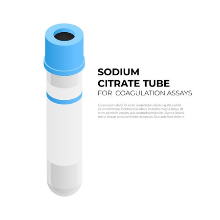 Sodium citrate tube vacutainer for coagulation assays in isometric design, vector illustration isolated on white background. Vacuum tube with blue cap infographic element, blood tube isometric icon.のイラスト素材