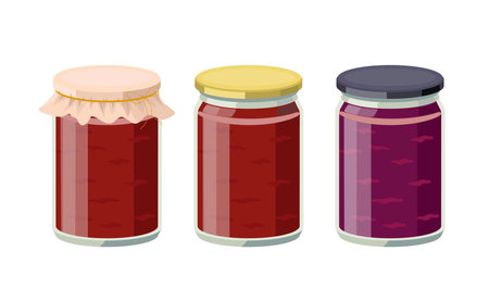 Jelly in jars isolated on white background. Grape, strawberry, cherry jams in glass jars - set of vector illustrations.のイラスト素材