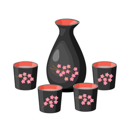 Sake bottle flasks painted with sakura. Black decorated bottles with sake, rice wine and cups isolated on white background.のイラスト素材