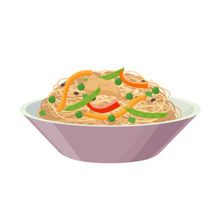 Rice noodles with pepper, meat and peas, isolated on white background. Vector illustration in flat design.のイラスト素材