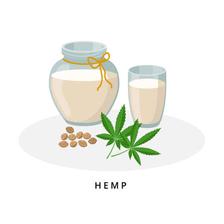 Hemp milk in jug and glass. Plant milk, vegan milk concept. Vector illustration isolated on white background. Alternative milk and ingredients.のイラスト素材