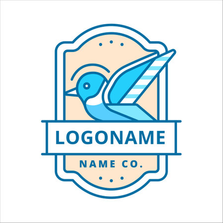 Blue bird logo line design retro style. Minimalistic and modern with a bird silhouette. Idea for brand identity. Vector outline logo.Vintage travel sticker.のイラスト素材