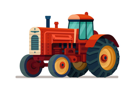 Tractor flat illustration. Side view of modern farm tractor. Farming vehicle in cartoon style. Vector cartoon illustration on white backgroundのイラスト素材