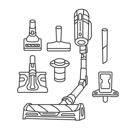 Stick vacuum cleaner line icon vector illustration. Nozzle Set with Suction Brushesのイラスト素材