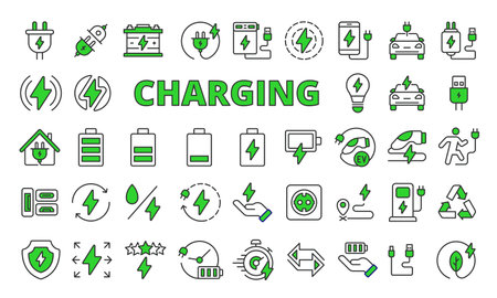 Charging icons set in line design green. Business,Teamwork, Collaboration, Leadership, Meeting, Communication, Human resources, People vector illustrations.Business icons vector editable strokeのイラスト素材