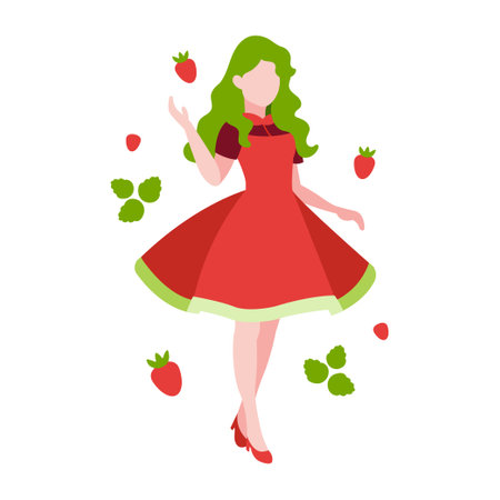 Girl with strawberry vector flat illustration. Girl in a red dress, green hair. Colorful flat illustration. Strawberry girl illustrations. Fruit girl vector character.のイラスト素材