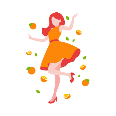 Girl with oranges vector flat illustration. Girl in an orange dress, red hair, orange dress, colorful flat illustration. Orange girl illustrations. Fruit girl vector character.のイラスト素材