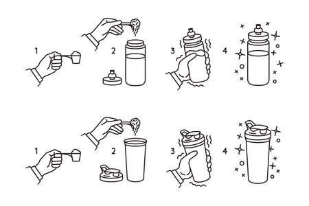 Instruction for making protein whey shake line icons. A hand shaking a sport shaker. A hand shaking a bottle. Protein line icons. Protein shaker vector illustrations. Sports food for bodybuilding.のイラスト素材