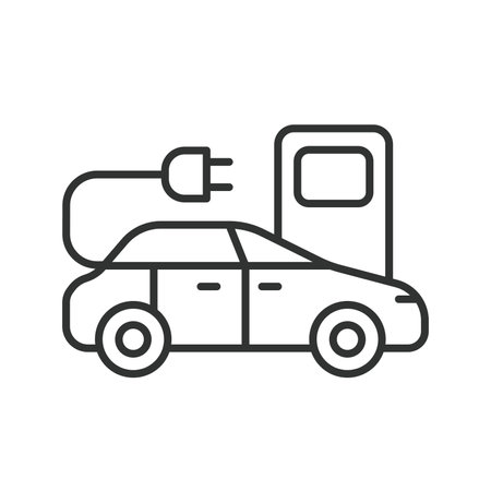 Electric car on EV station line icon. EV charging station. Electric vehicle charging station icon. Editable stroke. Vector illustrationのイラスト素材