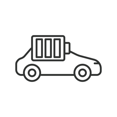 Electrical car charged battery line icon. Hybrid Vehicles. Eco friendly auto with electric battery. Side view. Editable stroke. Vector illustration.のイラスト素材