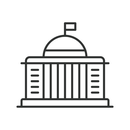 Government building icon line design. Capitol, architecture, city hall, municipal building, courthouse, authority, government center vector illustration. Government building editable stroke iconのイラスト素材