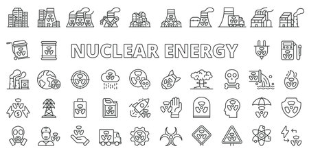 Radioactive energy icons in line design. Reactor, power, plant, radiation, electricity, atomic, danger, nuclear isolated on white background vector. Radioactive energy editable stroke iconのイラスト素材