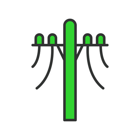 Electric pole, in line design, green. Electric, Power line, Utility, Electrical, Transmission pole, telephone pole on white background vector. Electric pole editable stroke iconのイラスト素材