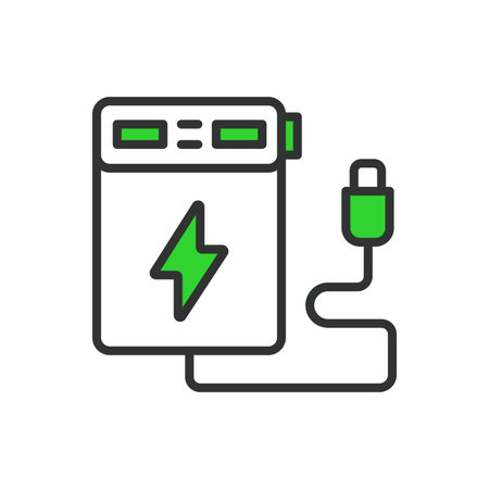 Power bank, in line design, green. Power, bank, portable, recharge, device, battery, technology, energy on white background vector Power bank editable stroke iconのイラスト素材