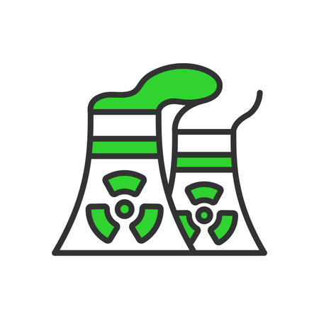 Nuclear plant, in line design, green. Nuclear plant, nuclear, plant, power, energy, reactor, electricity on white background vector. Nuclear plant editable stroke iconのイラスト素材
