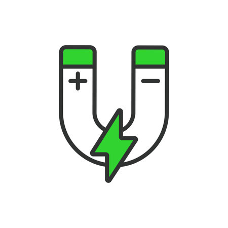 Magnet, in line design, green. Magnet, magnetic, attraction, field on white background vector. Magnet editable stroke iconのイラスト素材