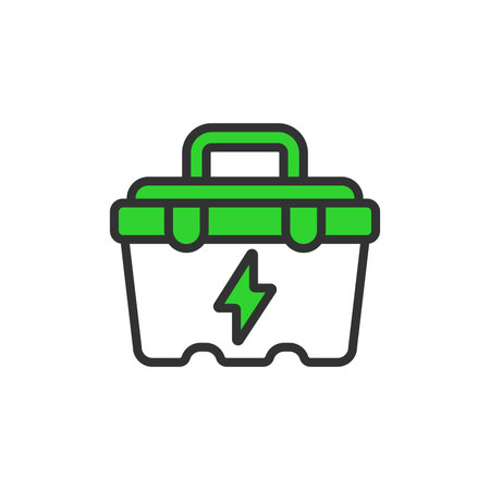 Electrician toolbox, in line design, green. Toolbox, Electrician, Tools, Equipment, Tool, Case, Maintenance on white background vector Electrician toolbox editable stroke iconのイラスト素材