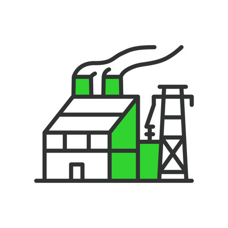 Power plant, in line design, green. Power plant, power, plant, electricity, energy, generation, station on white background vector. Power plant editable stroke iconのイラスト素材