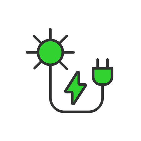 Sun energy, in line design, green. Sun energy, solar, renewable, power, sunlight, panel, on white background vector Sun energy editable stroke iconのイラスト素材