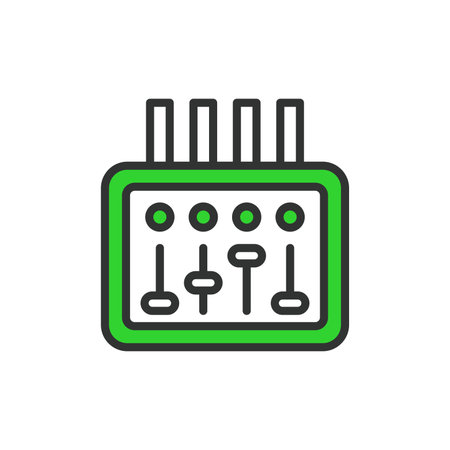 Electrical panel, in line design, green. Electrical, panel, Circuit breaker, Power distribution, Control panel, Switchboard, Fuse box on white background vector. Electrical panel editable stroke iconのイラスト素材