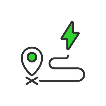 EV station pin, in line design, green. EV, station, pin, electric, vehicle, charging, point on white background vector. EV station pin editable stroke iconのイラスト素材