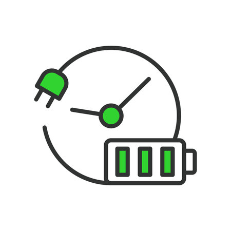 Recharging time, in line design, green. Recharging, time, duration, charge, speed, quick, fast on white background vector Recharging time editable stroke iconのイラスト素材