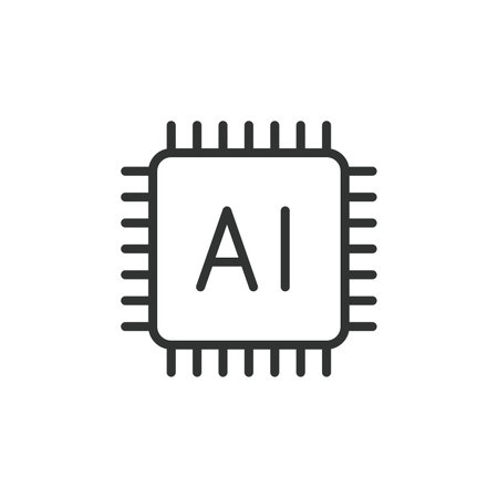 Processor AI, icon in line design. Processor, AI, technology, chip, circuit, data, hardware on white...