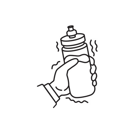 Shaking a protein sport bottle, icon in line design. Shaking, protein, sport, bottle, fitness, workout, drink on white background vector. Shaking a protein sport bottle editable stroke iconのイラスト素材