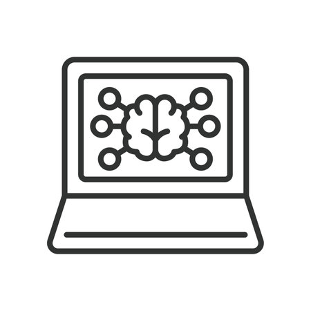 Brain analyzer laptop, icon in line design. Brain, analyzer, laptop, technology, intelligence,...