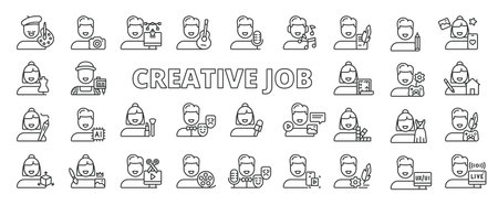 Creative jobs icons in line design. Creative jobs, designer, artist, writer, photographer, illustrator, filmmaker on white background vector. Creative jobs editable stroke iconsのイラスト素材
