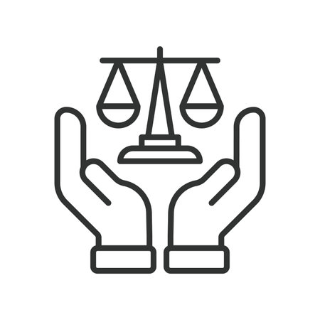 Justice protection icon in line design. safeguard, legal protection, equal rights, fairness icon, helping hands, support, law symbol, ethical principles on white background vector. Justice editable stroke icon - AI generatedのイラスト素材