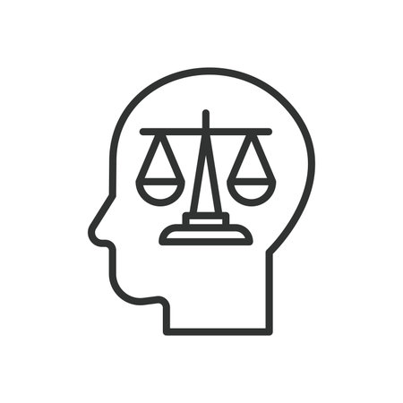Justice mind icon in line design. justice mindset, ethical thinking, legal mind, decision making, conscience, moral compass, fair judgment, awareness on white background vector. Justice mind editable stroke icon - AI generatedのイラスト素材