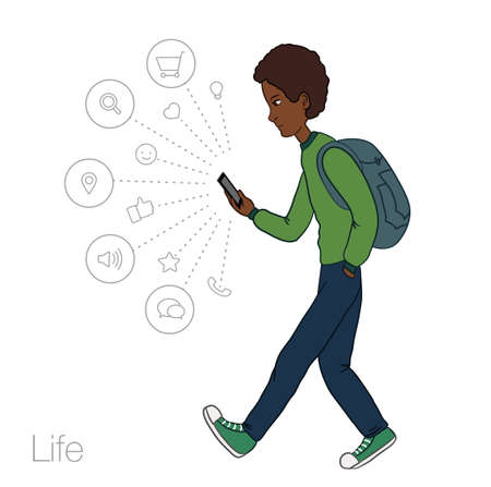 walking guy with a mobile phone のイラスト素材